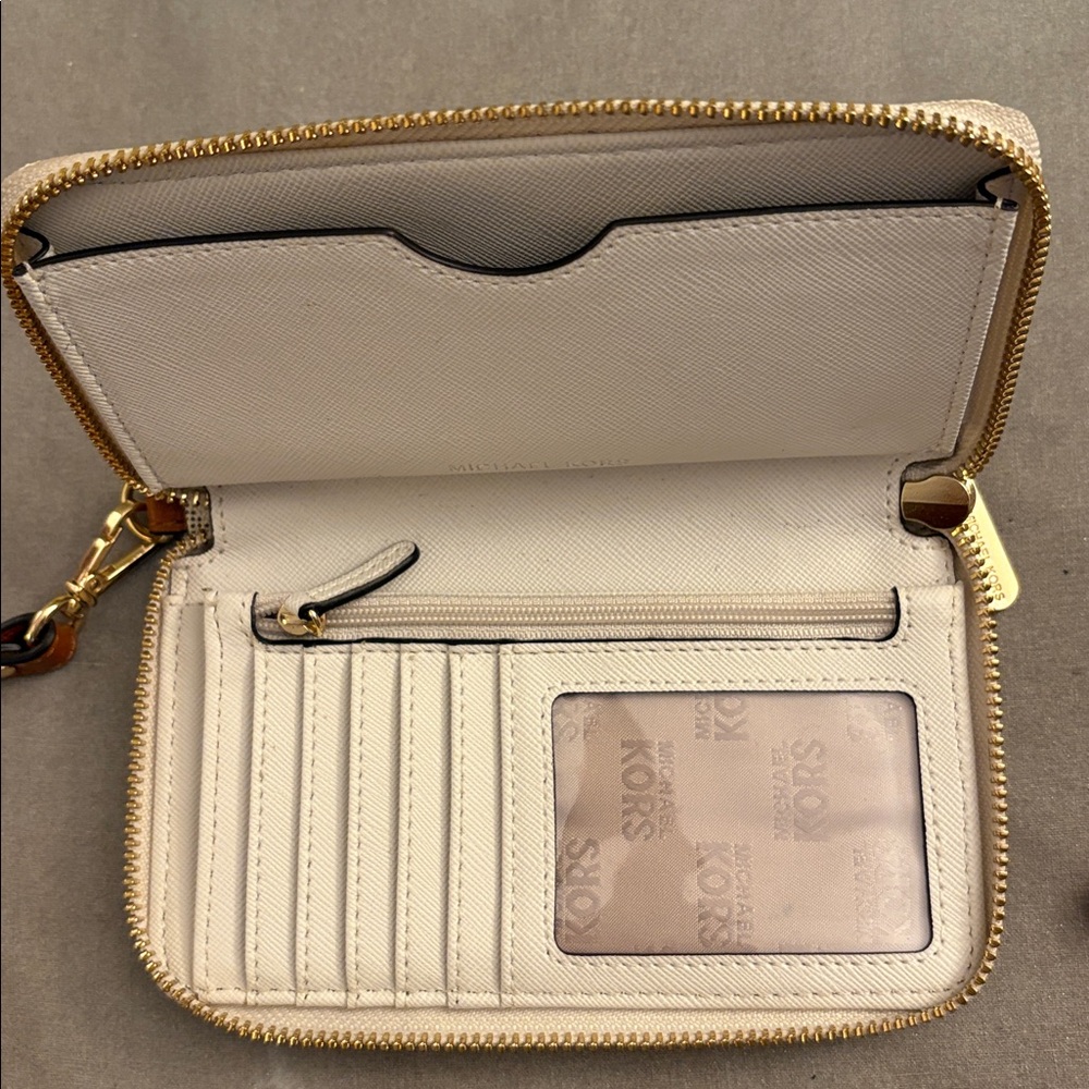 Michael Kors Cream and Brown MK Logo Zip Wristlet - Picture 3 of 3